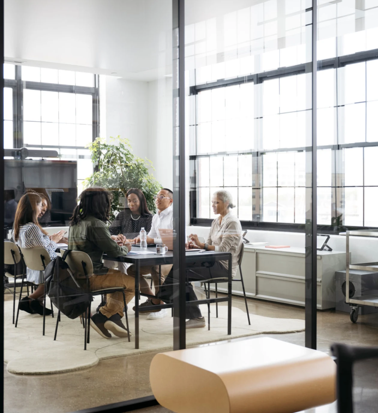 Business discussion in modern office space