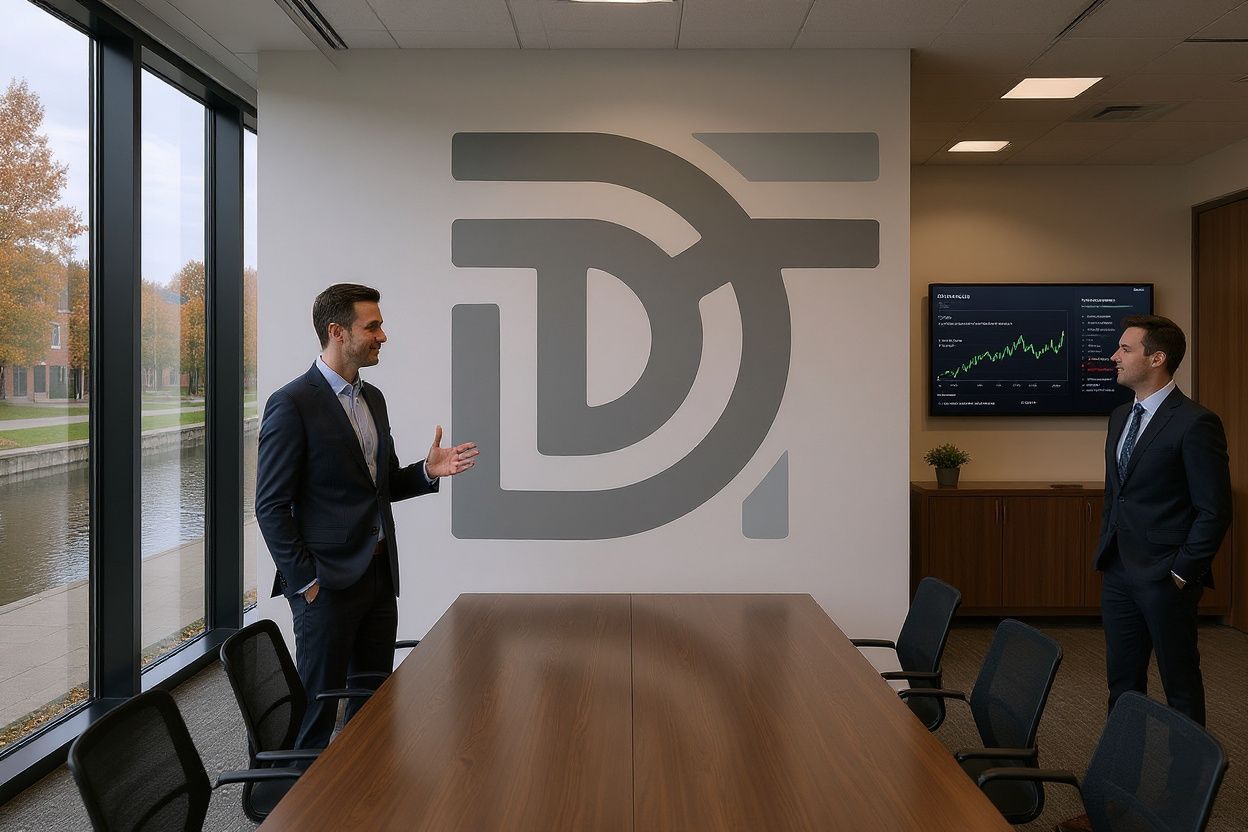 A man in a suit presenting in a conference room with a large logo on the wall.